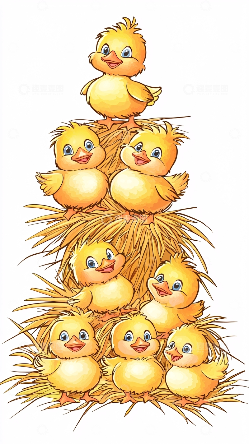 高清大图下载【趣麦麦图】小鸡堆叠在干草堆上