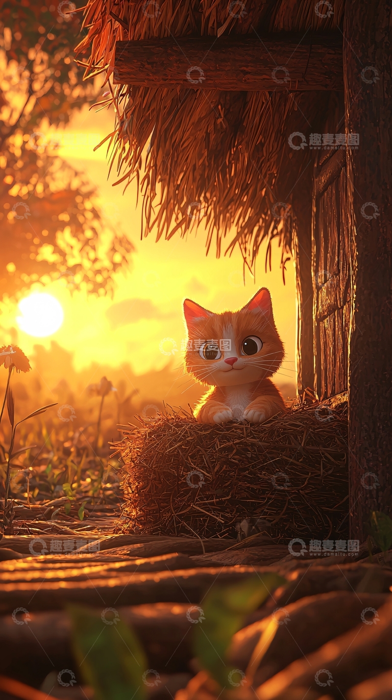 高清大图下载【趣麦麦图】夕阳下的小猫