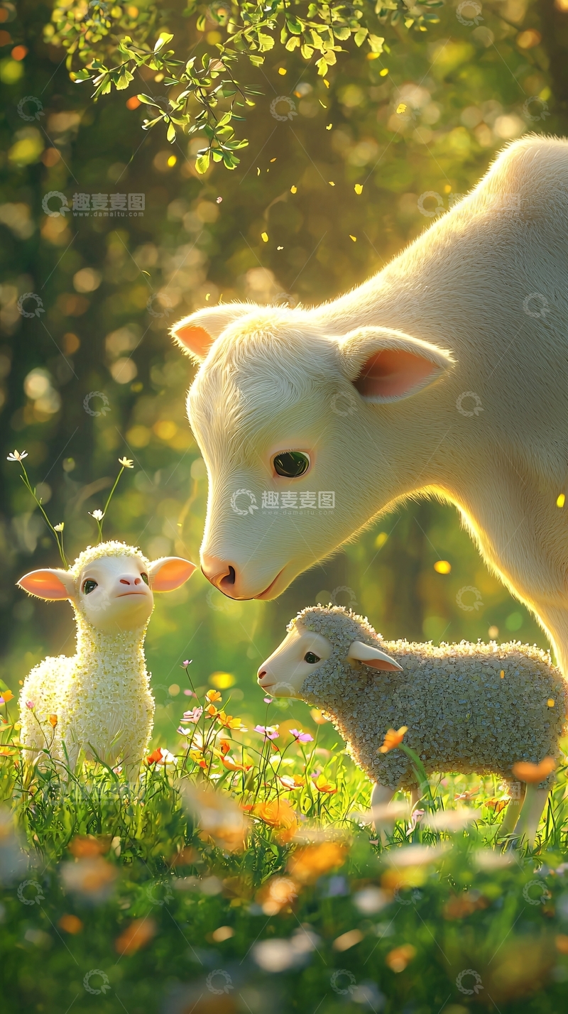 高清大图下载【趣麦麦图】小牛和小羊在草地上的温馨画面