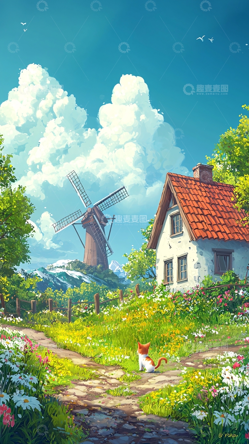 高清大图下载【趣麦麦图】田园风光卡通风插画