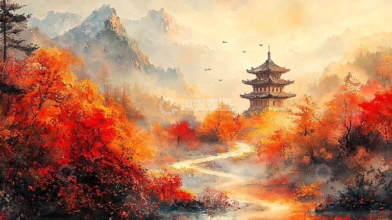 高清大图下载【趣麦麦图】秋日水墨风亭台楼阁山水画