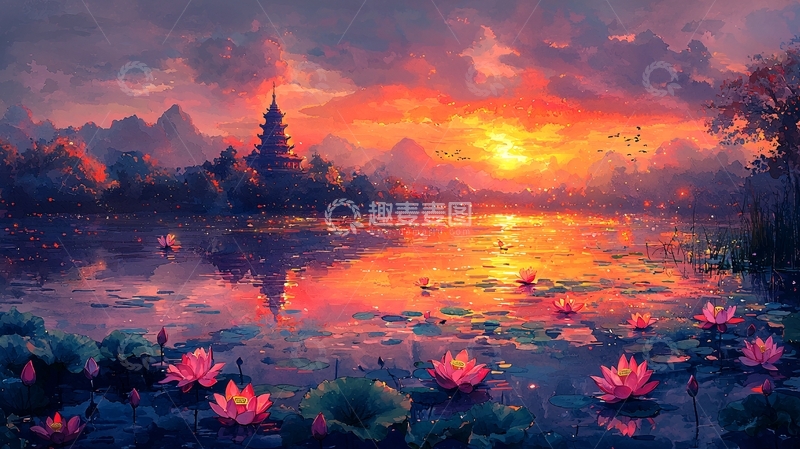 高清大图下载【趣麦麦图】唯美日落下的湖面荷花