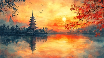 湖边日落下的宝塔