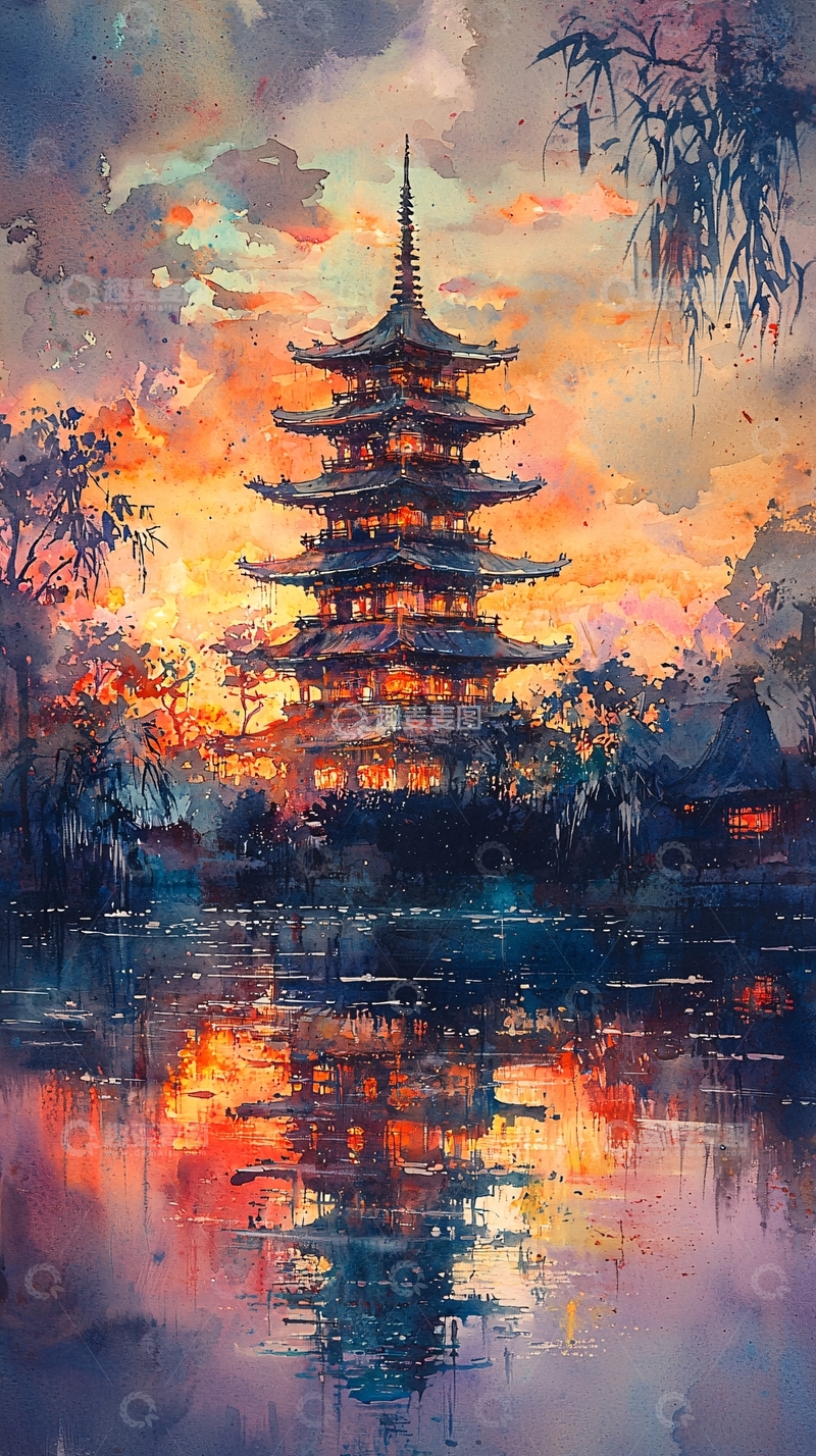 高清大图下载【趣麦麦图】水面倒影的日式宝塔