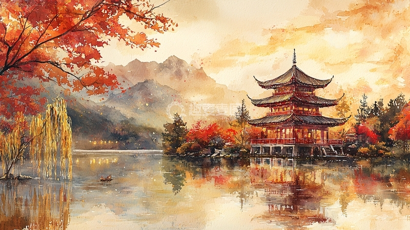 高清大图下载【趣麦麦图】秋日红叶山水古塔