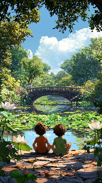 公园桥边两个孩子