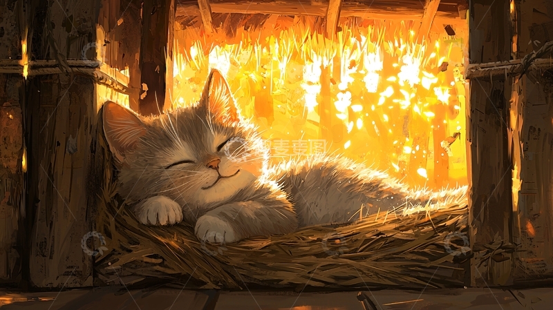 高清大图下载【趣麦麦图】温暖的炉火旁小猫