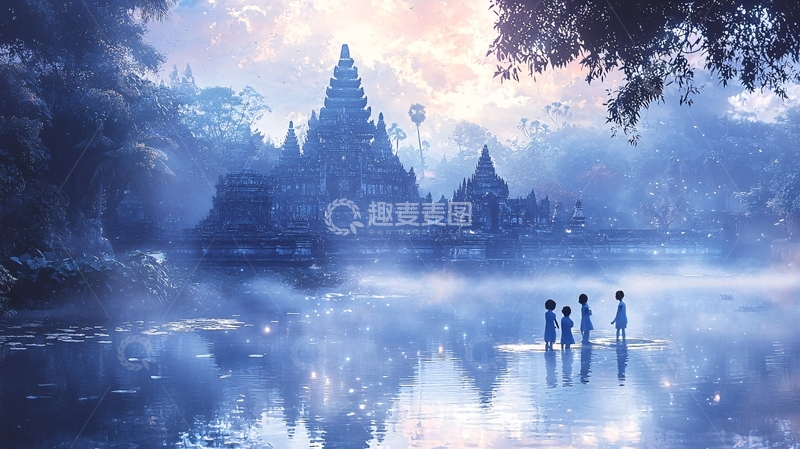 高清大图下载【趣麦麦图】梦幻古寺湖面倒影