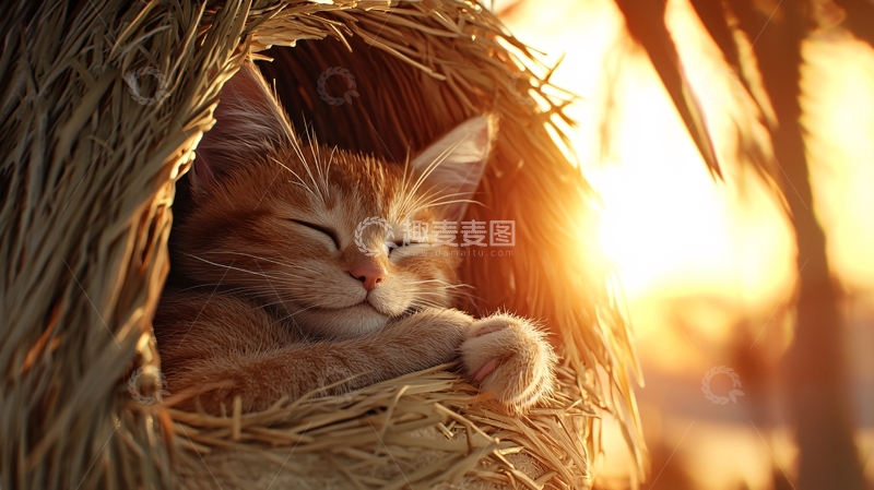 高清大图下载【趣麦麦图】阳光下小猫在鸟巢睡觉
