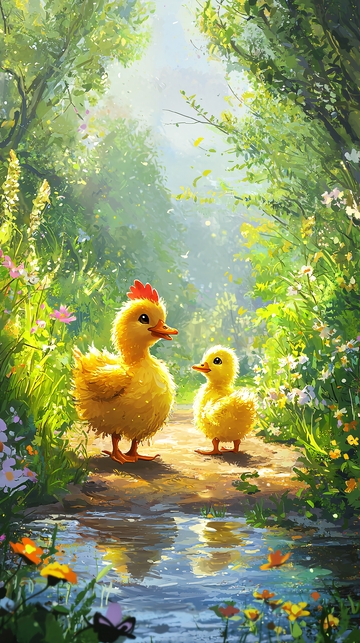 森林小溪边的小鸡