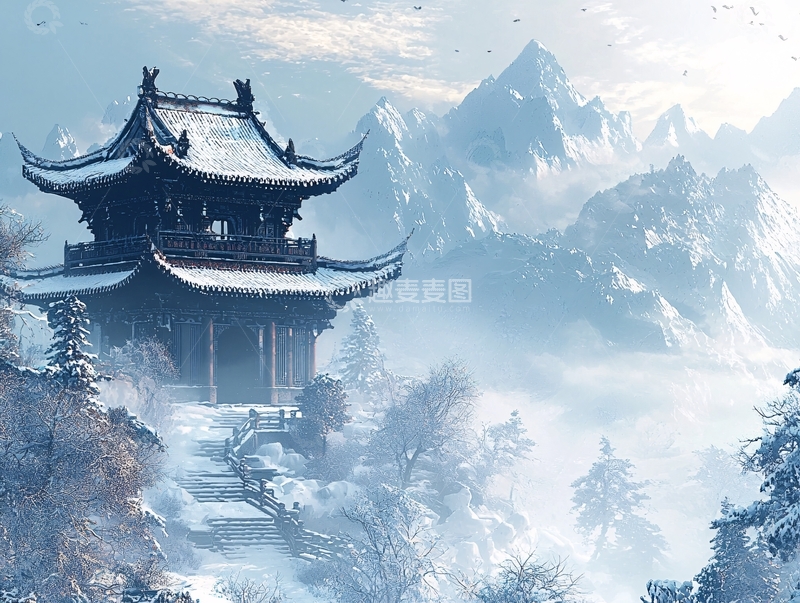 高清大图下载【趣麦麦图】雪山中的古建筑