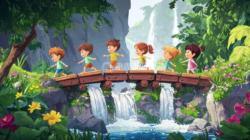高清大图下载【趣麦麦图】儿童走过木桥