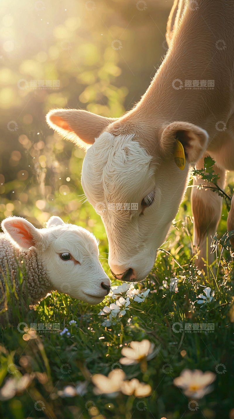 高清大图下载【趣麦麦图】小牛与小羊温馨时刻