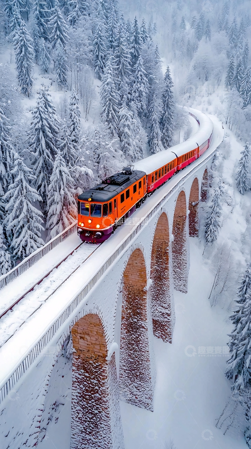 高清大图下载【趣麦麦图】雪山上的红色列车