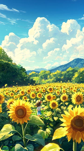 向日葵田里的小女孩