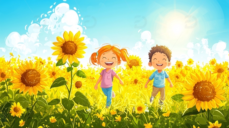 向日葵田里快乐的孩子