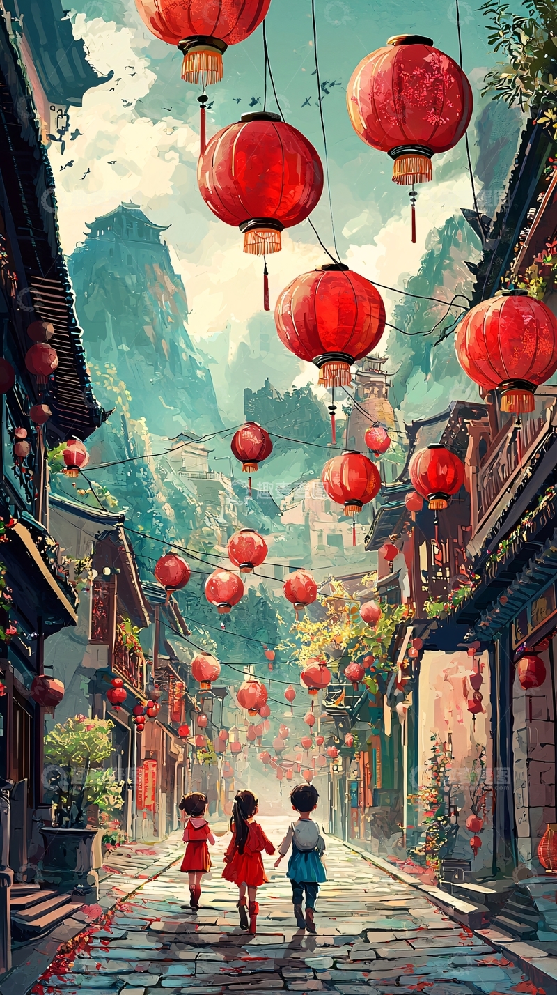 高清大图下载【趣麦麦图】红灯笼古风街道