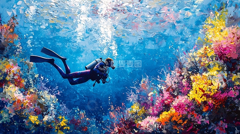 高清大图下载【趣麦麦图】水下潜水员珊瑚礁探险