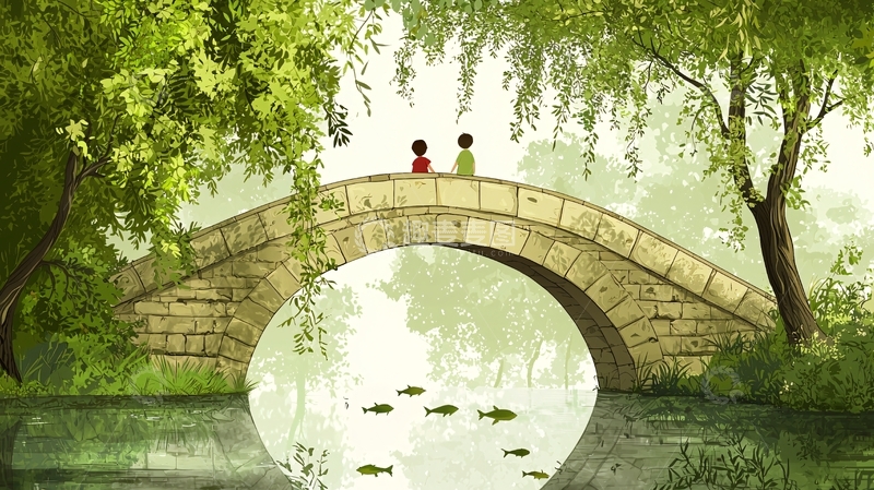 高清大图下载【趣麦麦图】桥上二人风景画