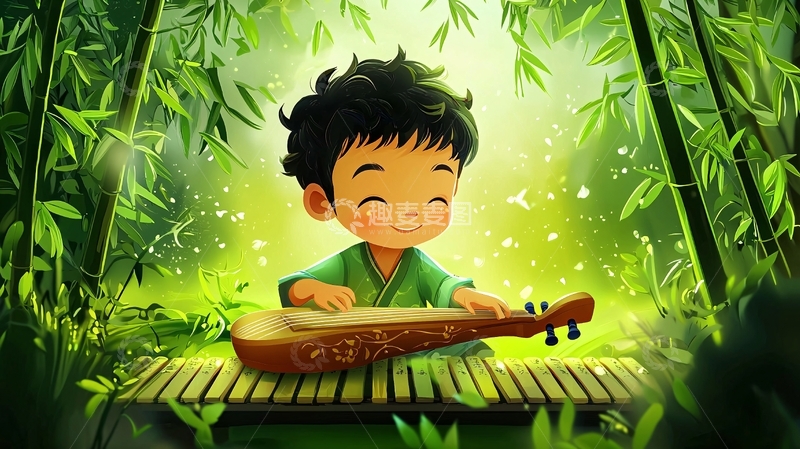 高清大图下载【趣麦麦图】快乐男孩竹林古筝