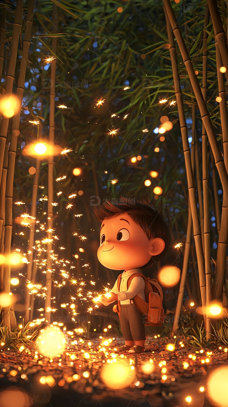 高清大图下载【趣麦麦图】萤火虫竹林男孩