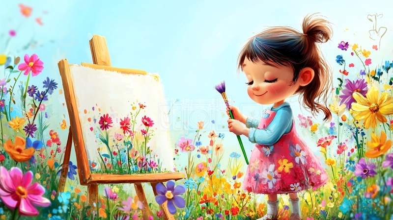 高清大图下载【趣麦麦图】小女孩在花田里画画