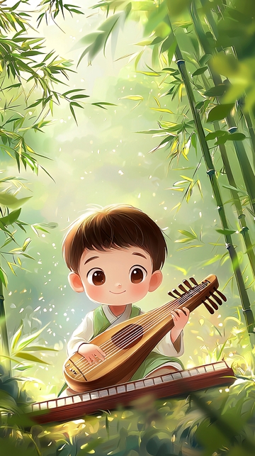 卡通男孩弹古筝