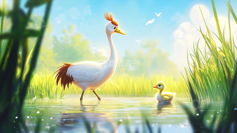 高清大图下载【趣麦麦图】丹顶鹤和幼鹤