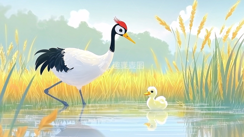 高清大图下载【趣麦麦图】丹顶鹤和幼鸟在湿地