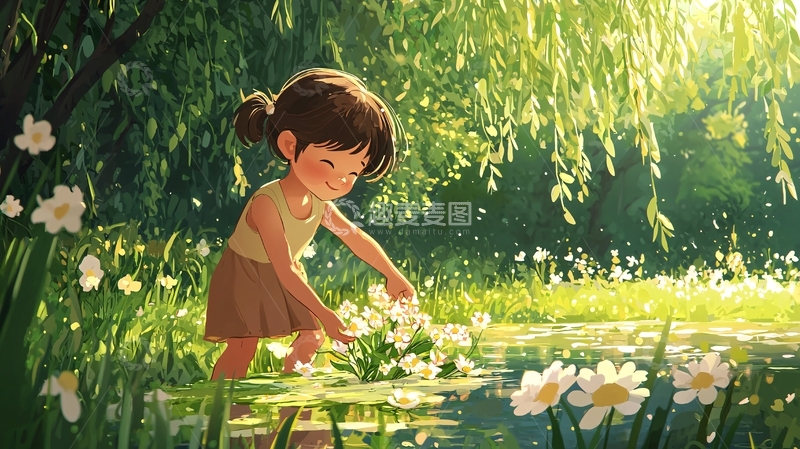 高清大图下载【趣麦麦图】阳光下采花的女孩