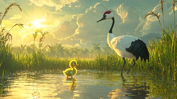 红冠鹤和黄鸭清晨湿地