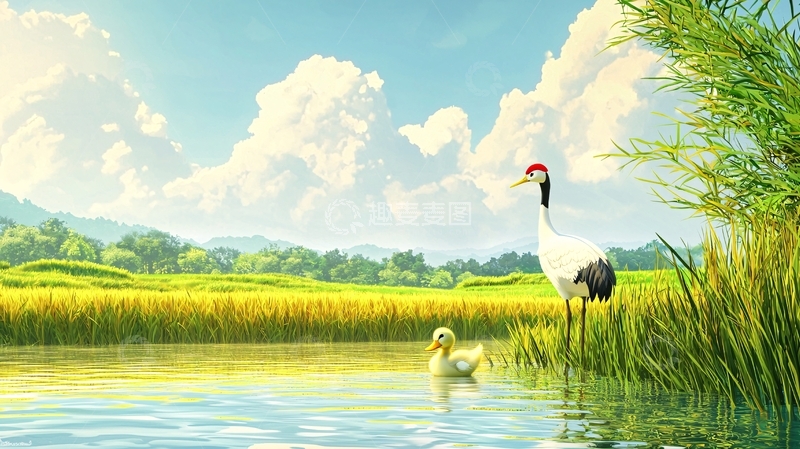 高清大图下载【趣麦麦图】丹顶鹤和幼鸟田园风光