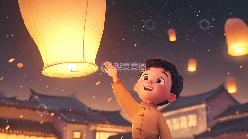 高清大图下载【趣麦麦图】男孩放飞许愿灯
