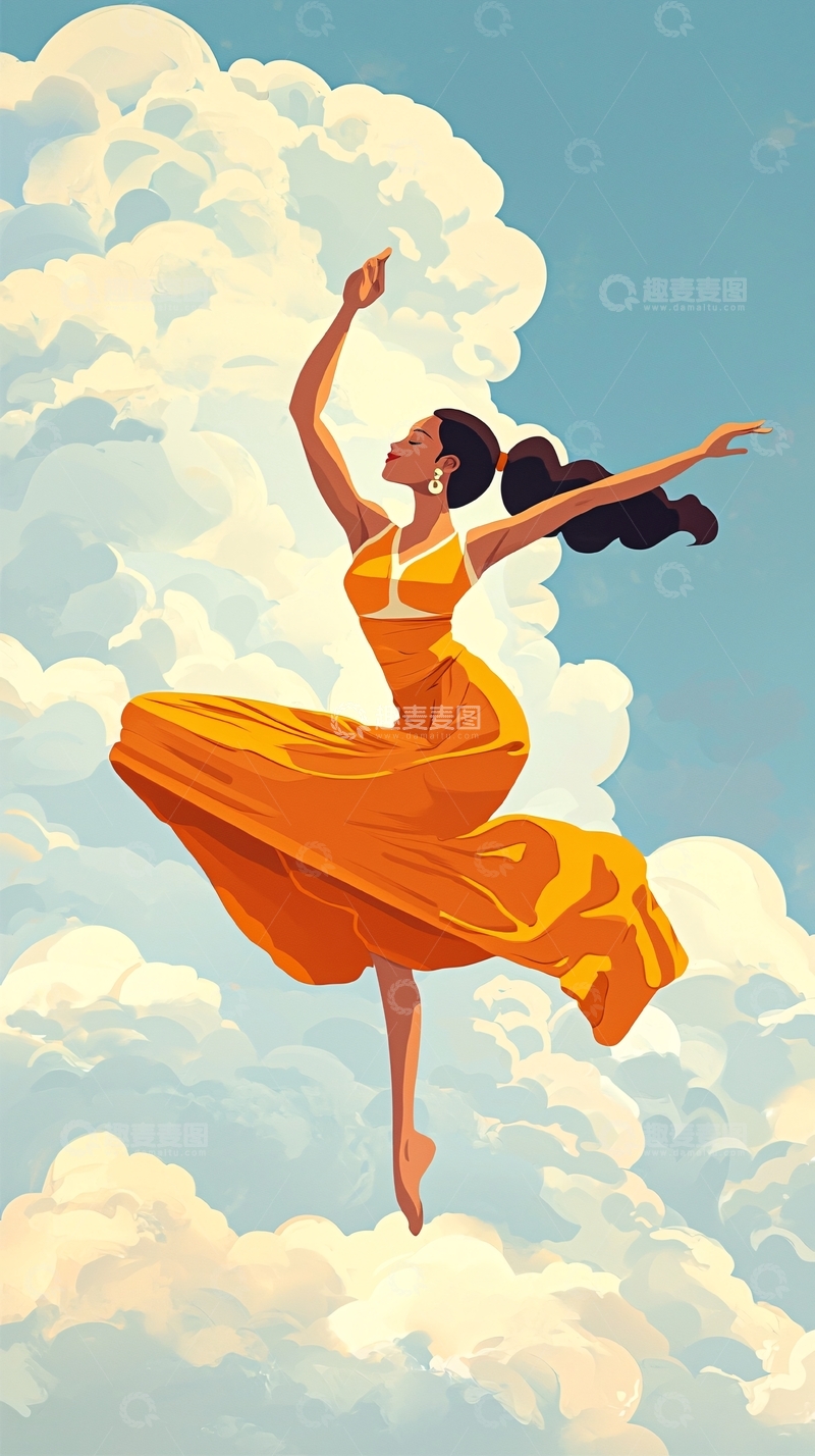 高清大图下载【趣麦麦图】飘逸黄裙女子云中起舞