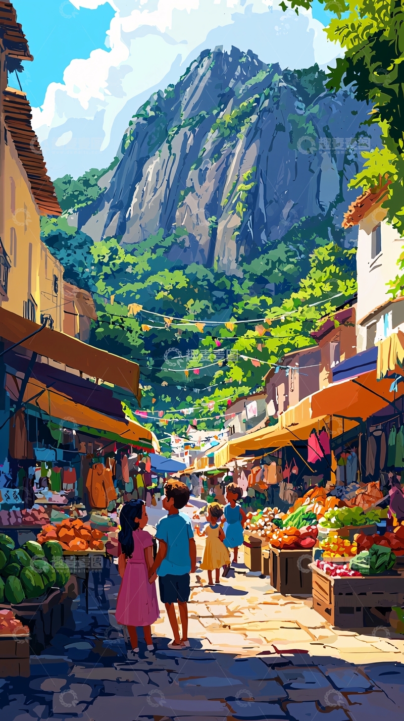 高清大图下载【趣麦麦图】山间小镇的热闹集市