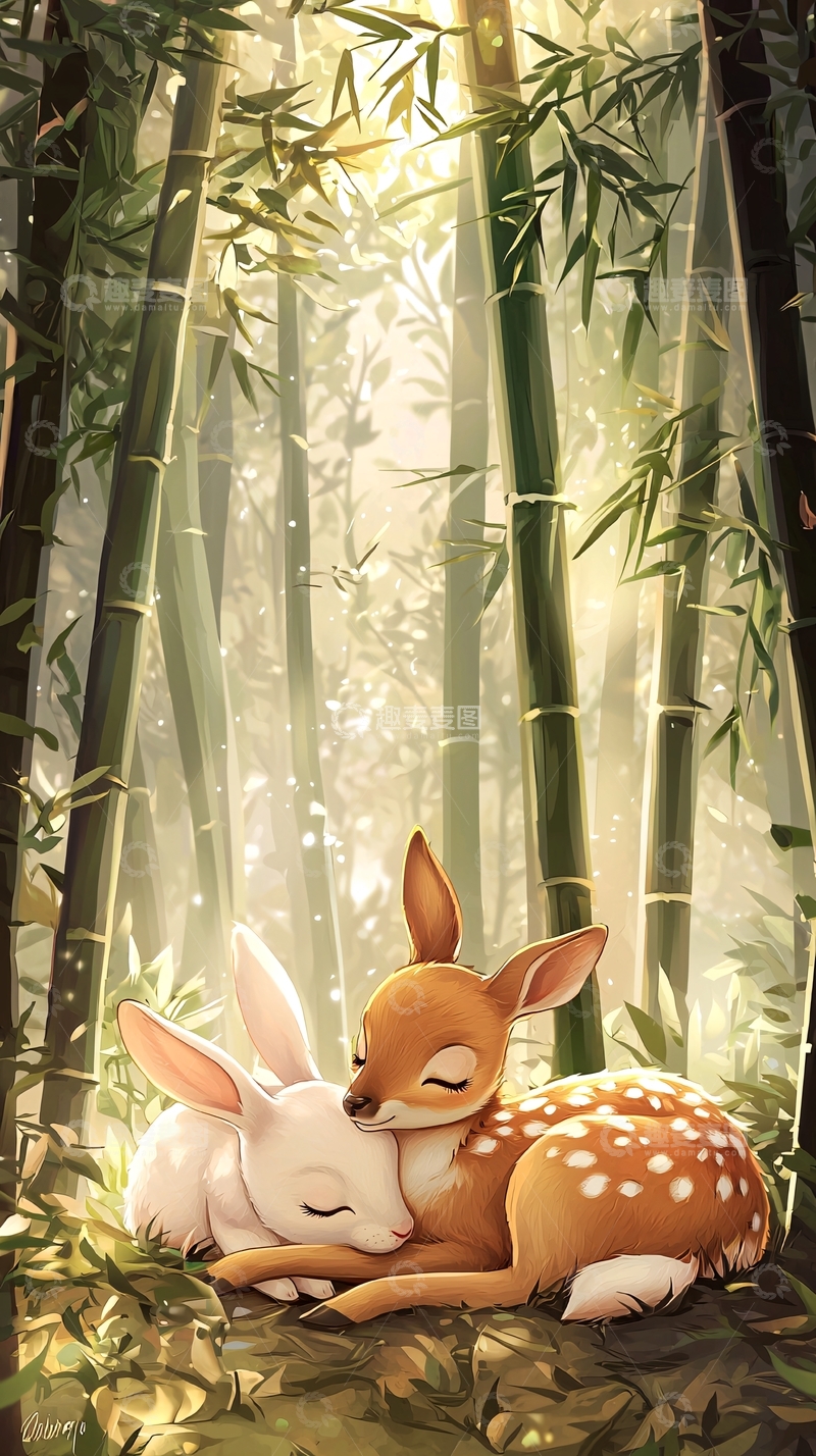 高清大图下载【趣麦麦图】小鹿兔子竹林拥抱