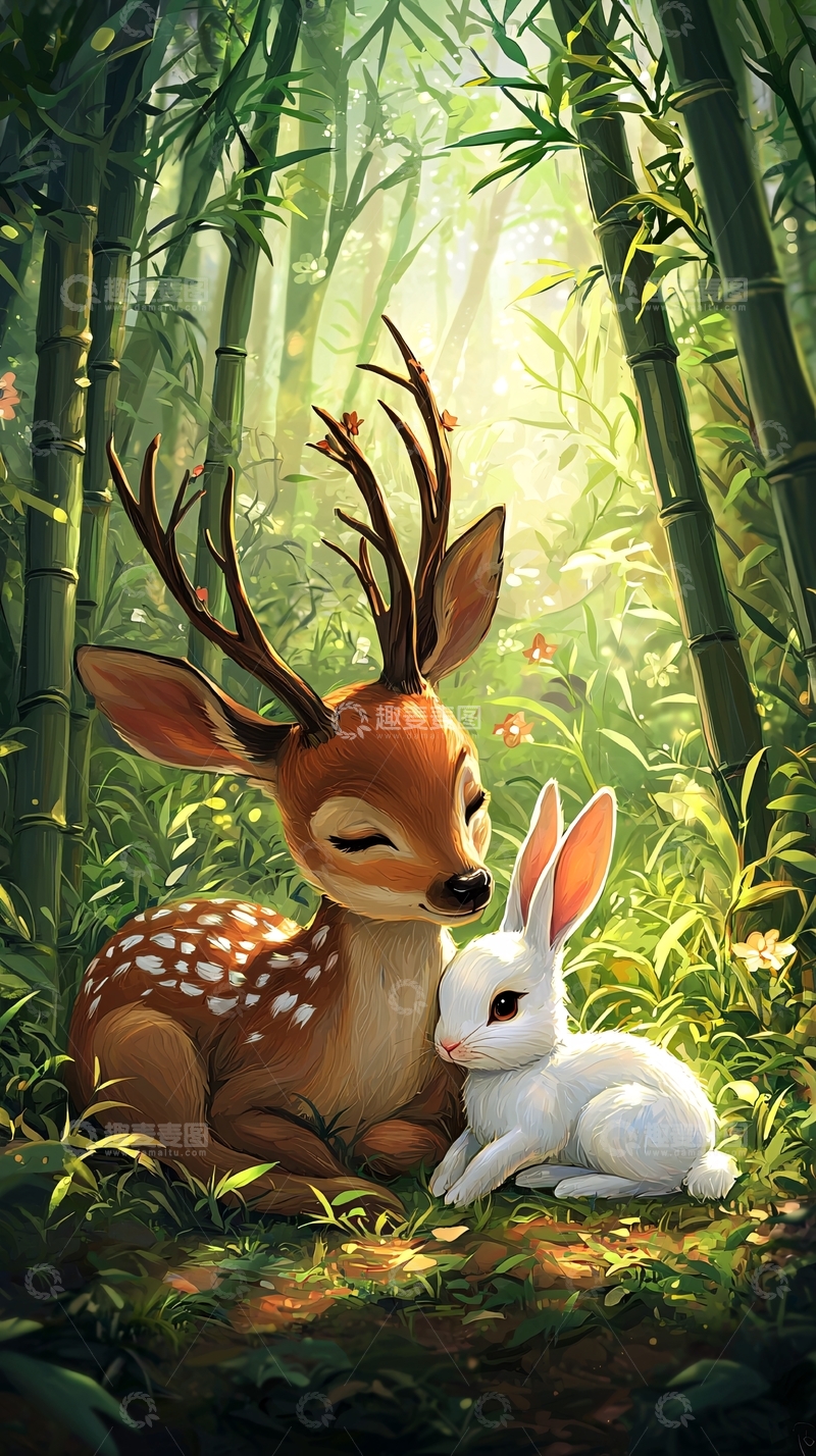 高清大图下载【趣麦麦图】小鹿与白兔在竹林