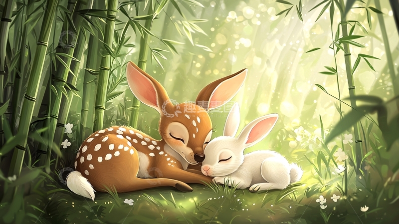 高清大图下载【趣麦麦图】小鹿和兔子依偎在竹林