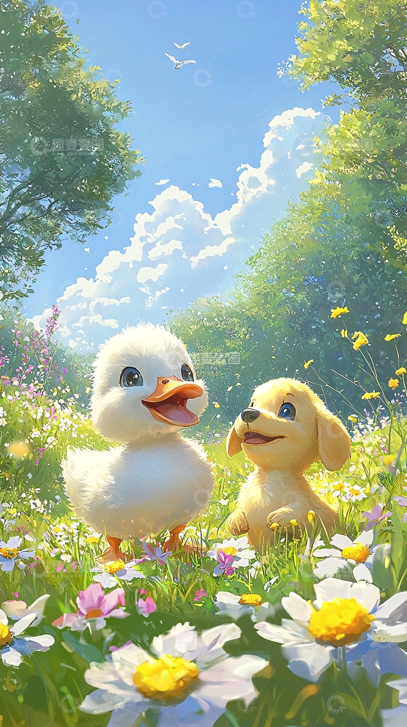 高清大图下载【趣麦麦图】小鸭和小狗在花丛中玩耍