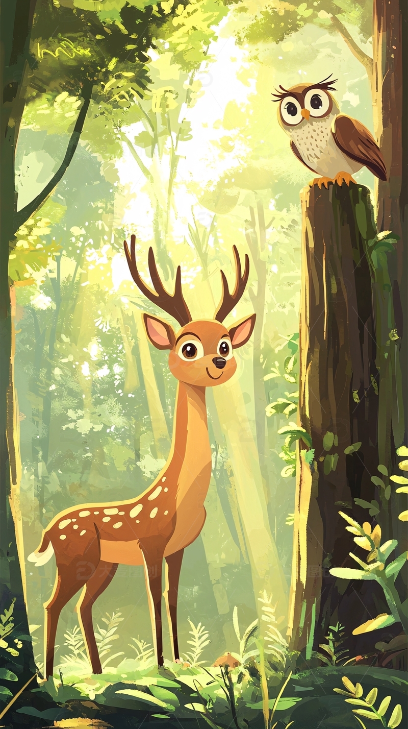 森林小鹿与猫头鹰