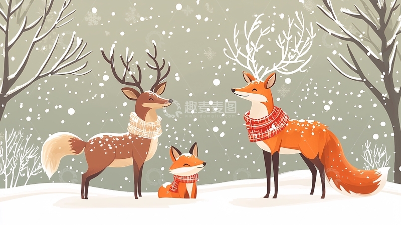 高清大图下载【趣麦麦图】冬日雪景森林动物图