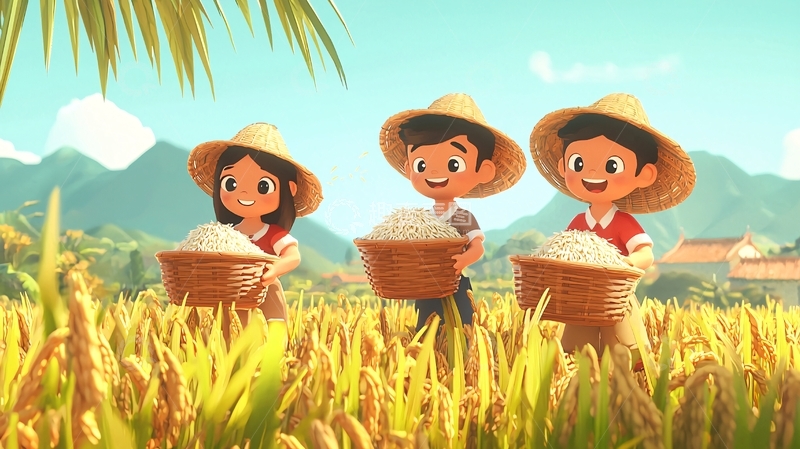 高清大图下载【趣麦麦图】卡通人物稻田收割