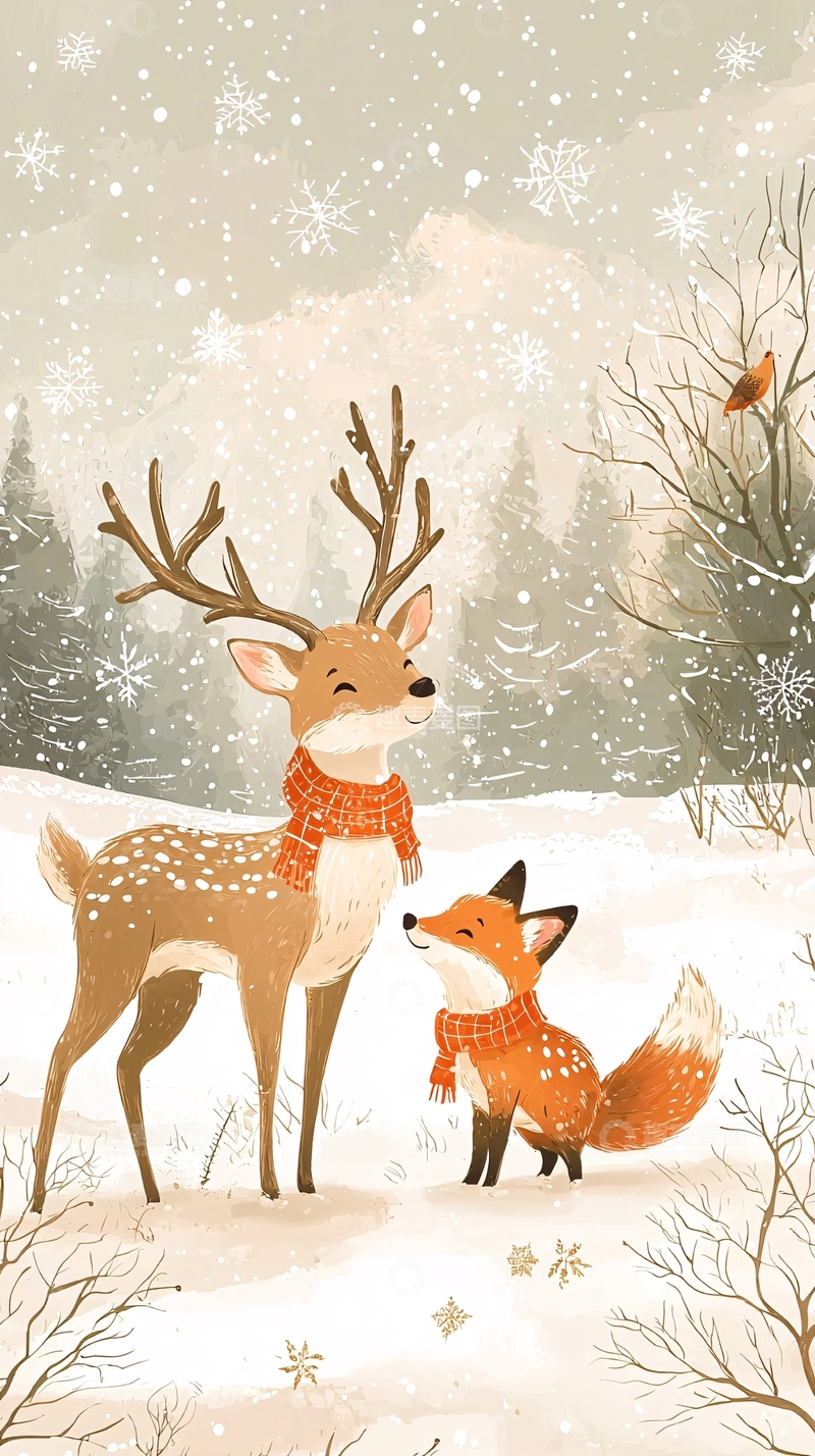 高清大图下载【趣麦麦图】冬日雪景鹿和狐狸