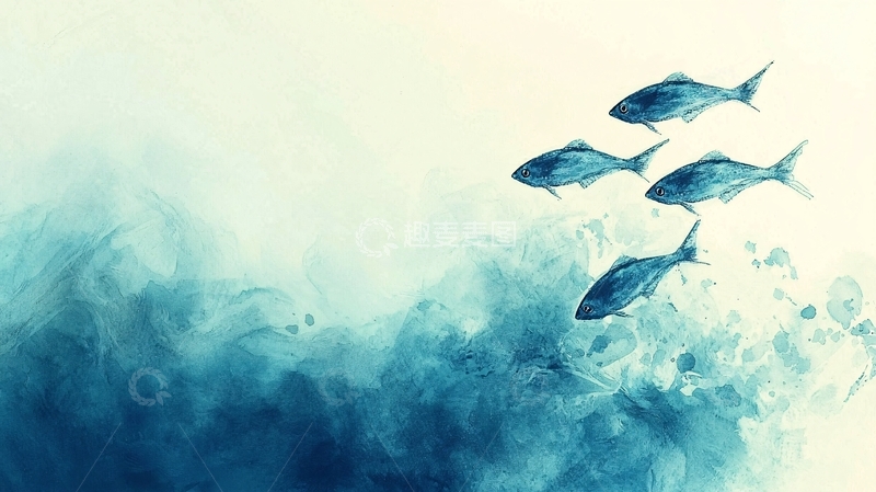 高清大图下载【趣麦麦图】蓝色水彩画鱼群