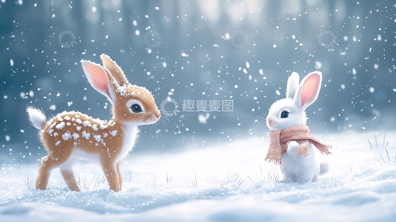 高清大图下载【趣麦麦图】冬日小鹿与兔子雪景