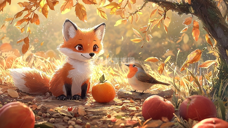 高清大图下载【趣麦麦图】秋天狐狸和知更鸟