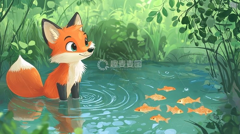 高清大图下载【趣麦麦图】森林小狐狸看鱼
