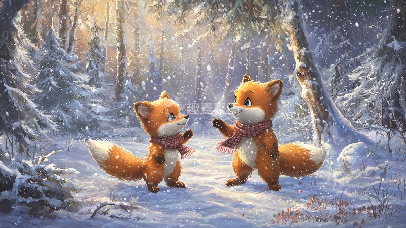 高清大图下载【趣麦麦图】雪地里玩耍的两只小狐狸