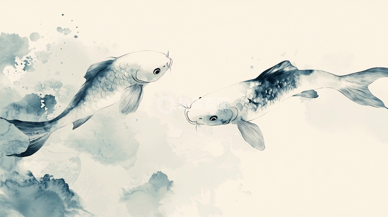 高清大图下载【趣麦麦图】水墨画风格的蓝白锦鲤