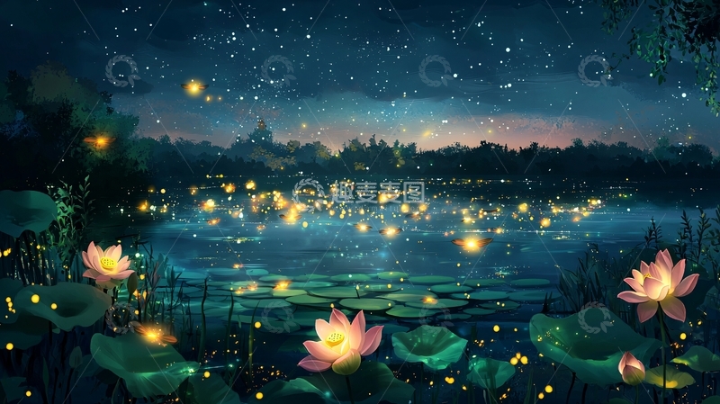 高清大图下载【趣麦麦图】萤火虫与荷花梦幻夜景